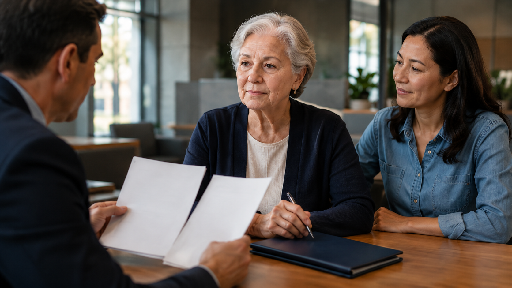 A parent and adult child discuss access and ownership at a bank.