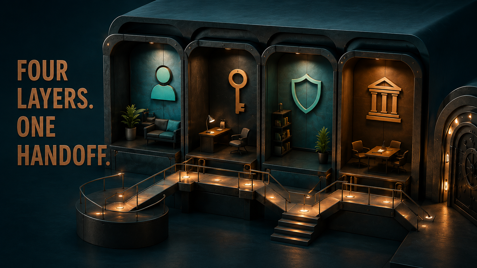 Connected chambers separate accounts, credentials, recovery, and authority.