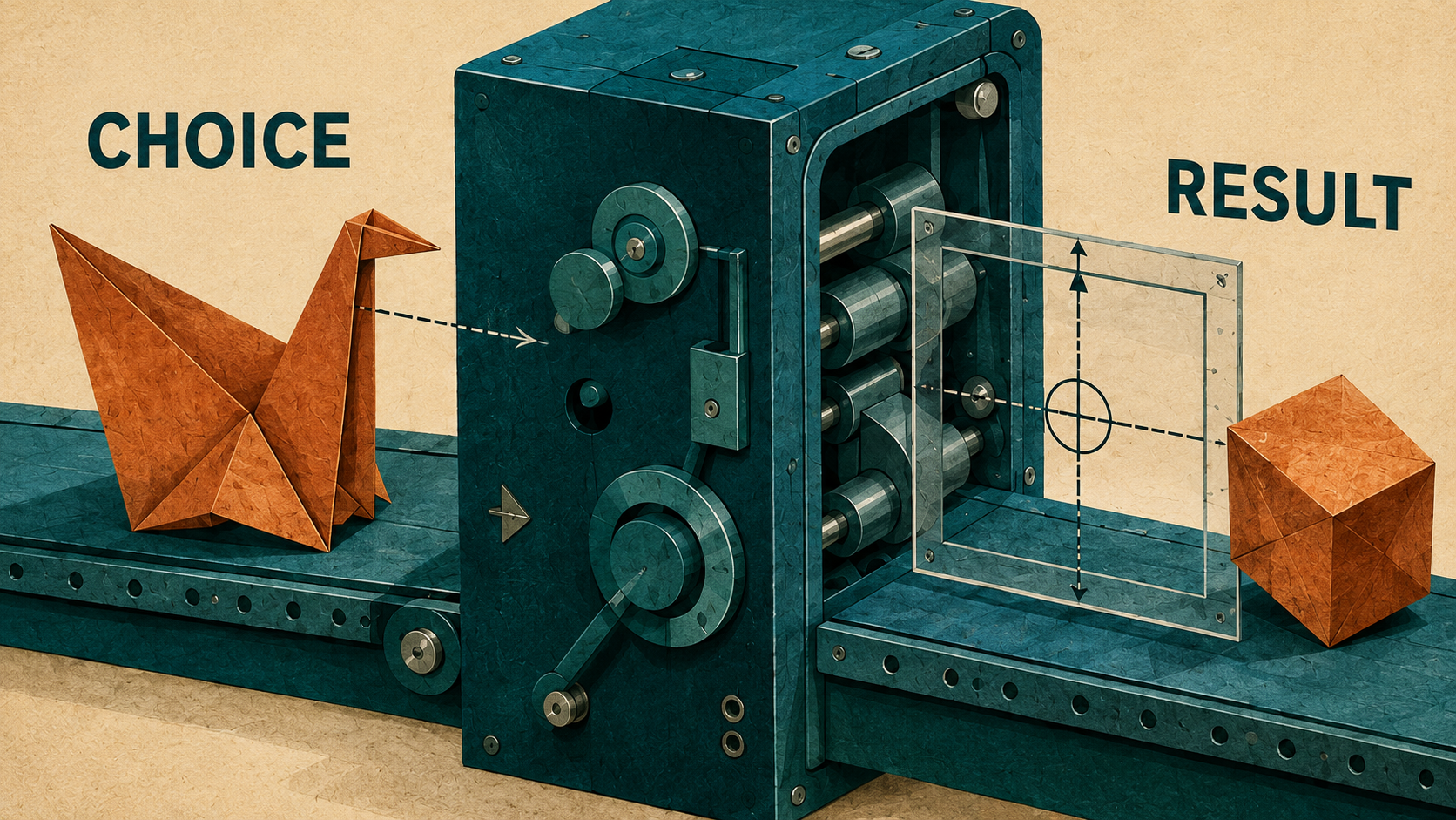 A pension choice passes through a verification machine and becomes a measured result.