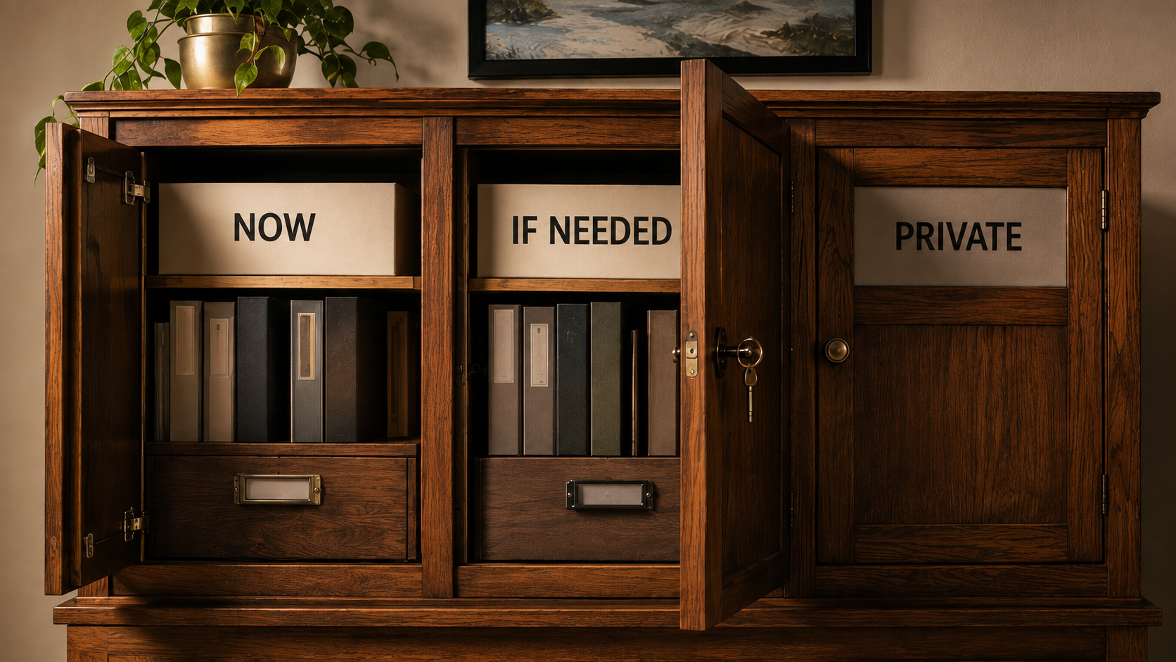 Wooden archive cabinet organizing estate-plan information by timing and need.