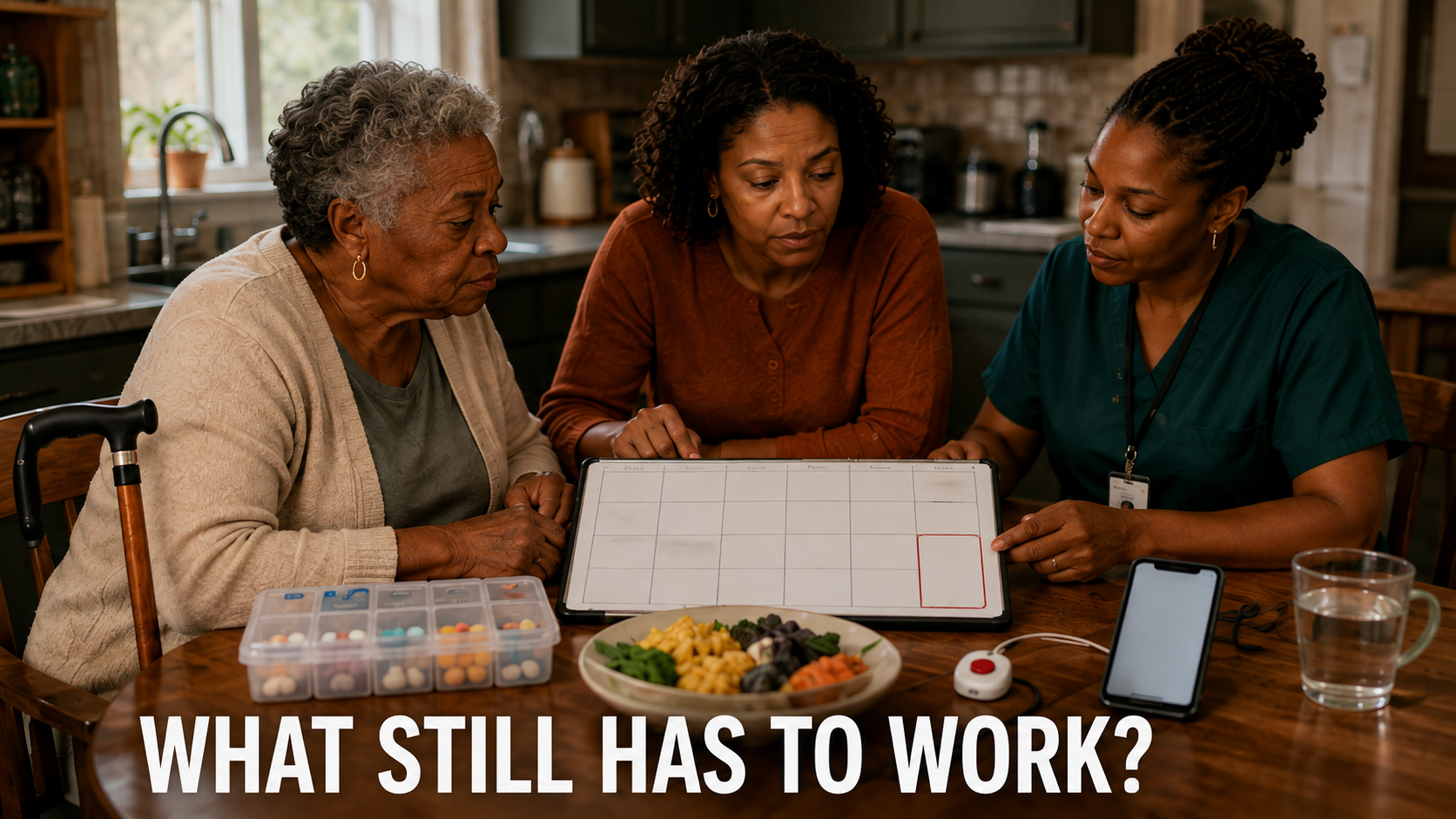 A family and care professional review support needed for aging at home.