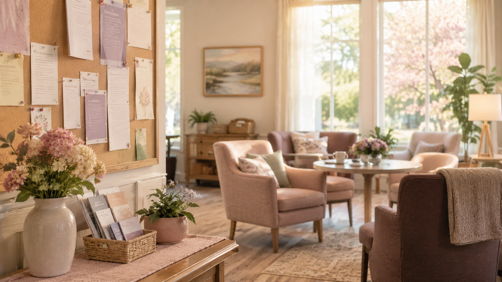 A sunlit community room represents the routines and relationships affected by a retirement relocation.