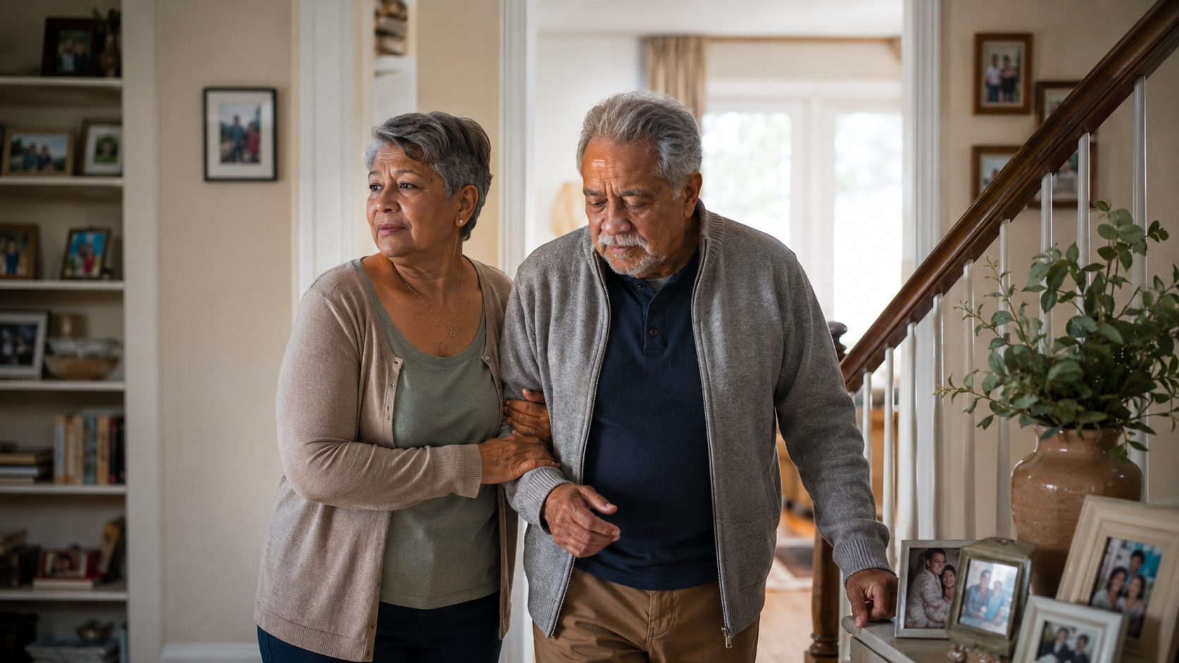 An older couple at home represents changing financial roles across retirement.