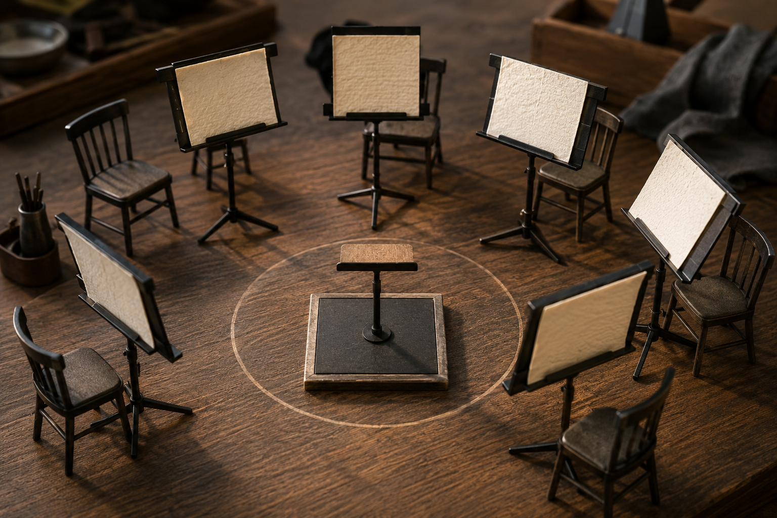Empty chairs and music stands arranged around a conductor’s stand.