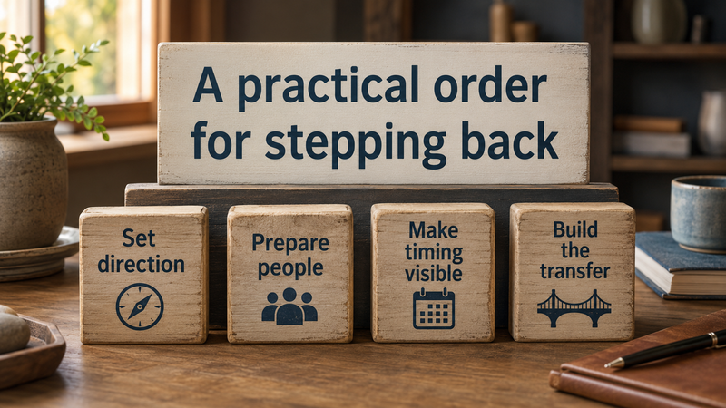 A sequence showing the stages of a business succession plan.