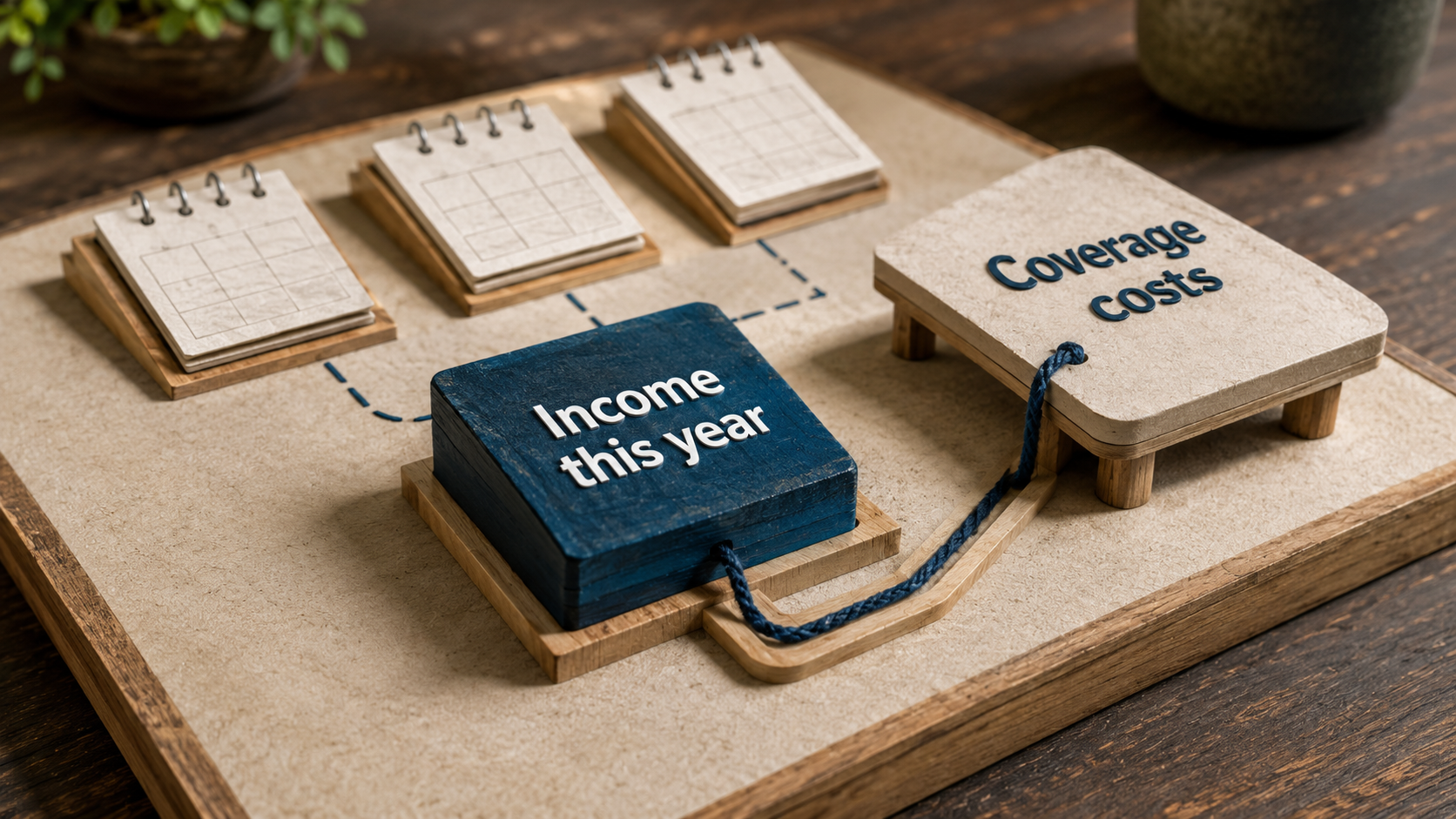 A tabletop model shows “Income this year” connected by a cord to “Coverage costs,” with calendar tiles behind it to suggest timing.