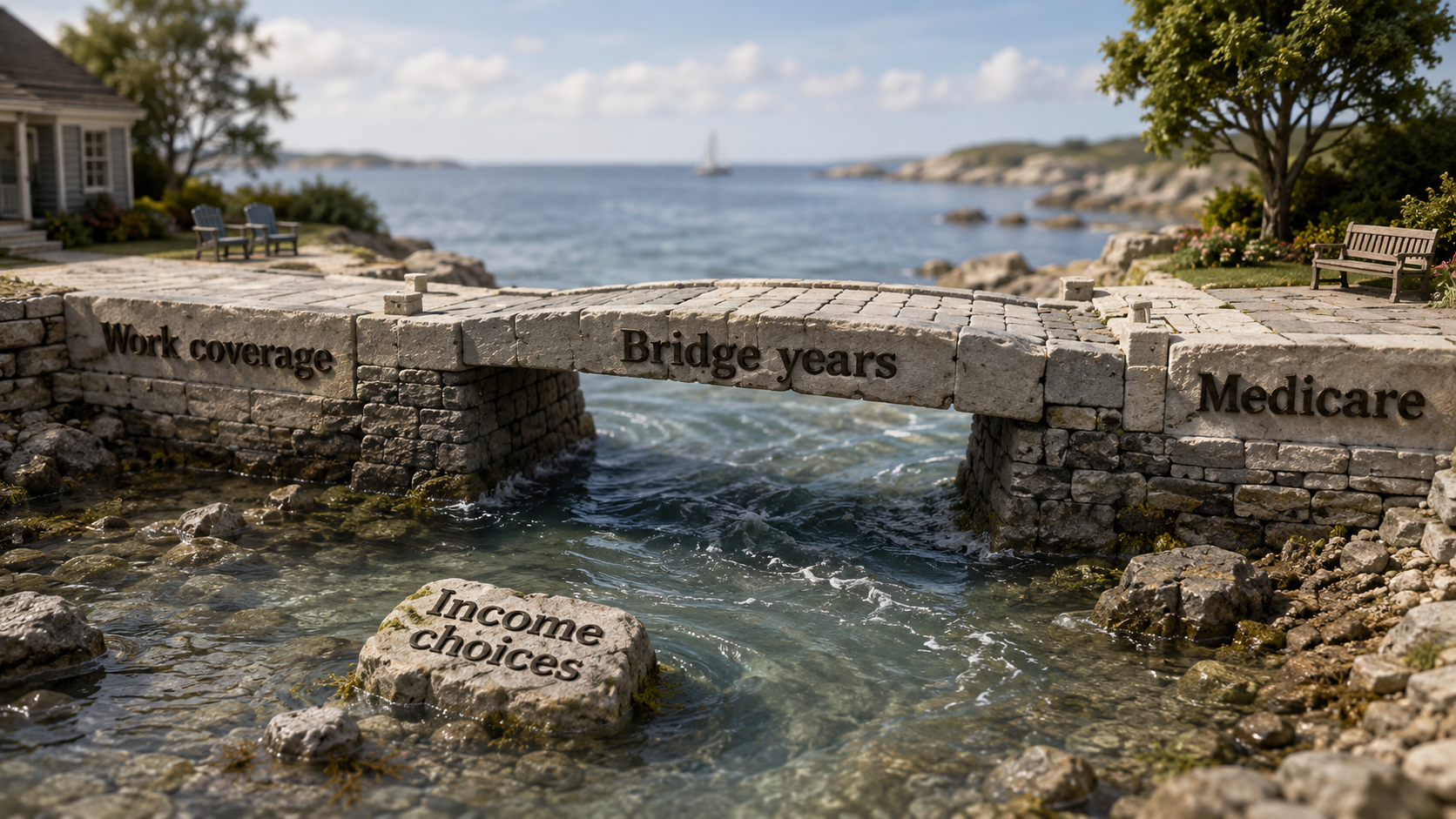 Stone bridge labeled "Bridge years" connecting "Work coverage" and "Medicare," with a nearby rock labeled "Income choices," illustrating the years before Medicare when health coverage and income decisions work together.