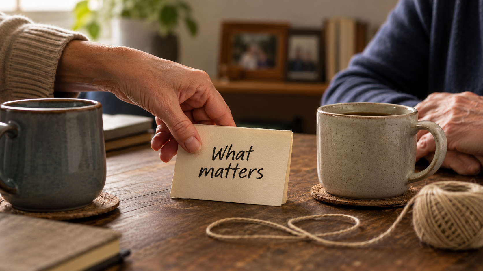 Two mugs and a card reading “What matters” sit on a warm table, showing how future-care conversations can begin with a parent’s preferences before pressure builds.
