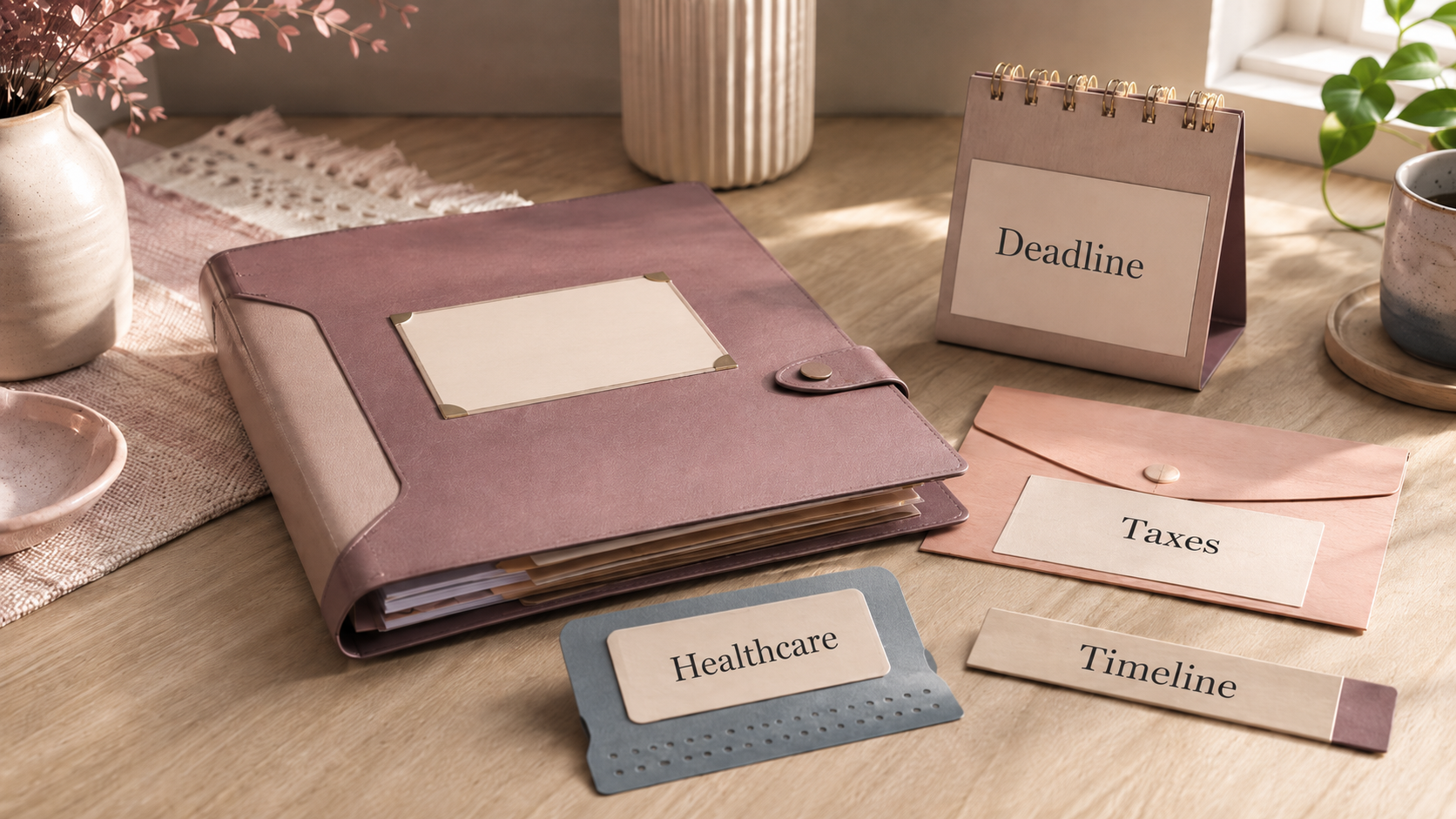 A pastel tabletop scene shows a main folder surrounded by four labeled review objects: Deadline, Taxes, Healthcare, and Timeline.