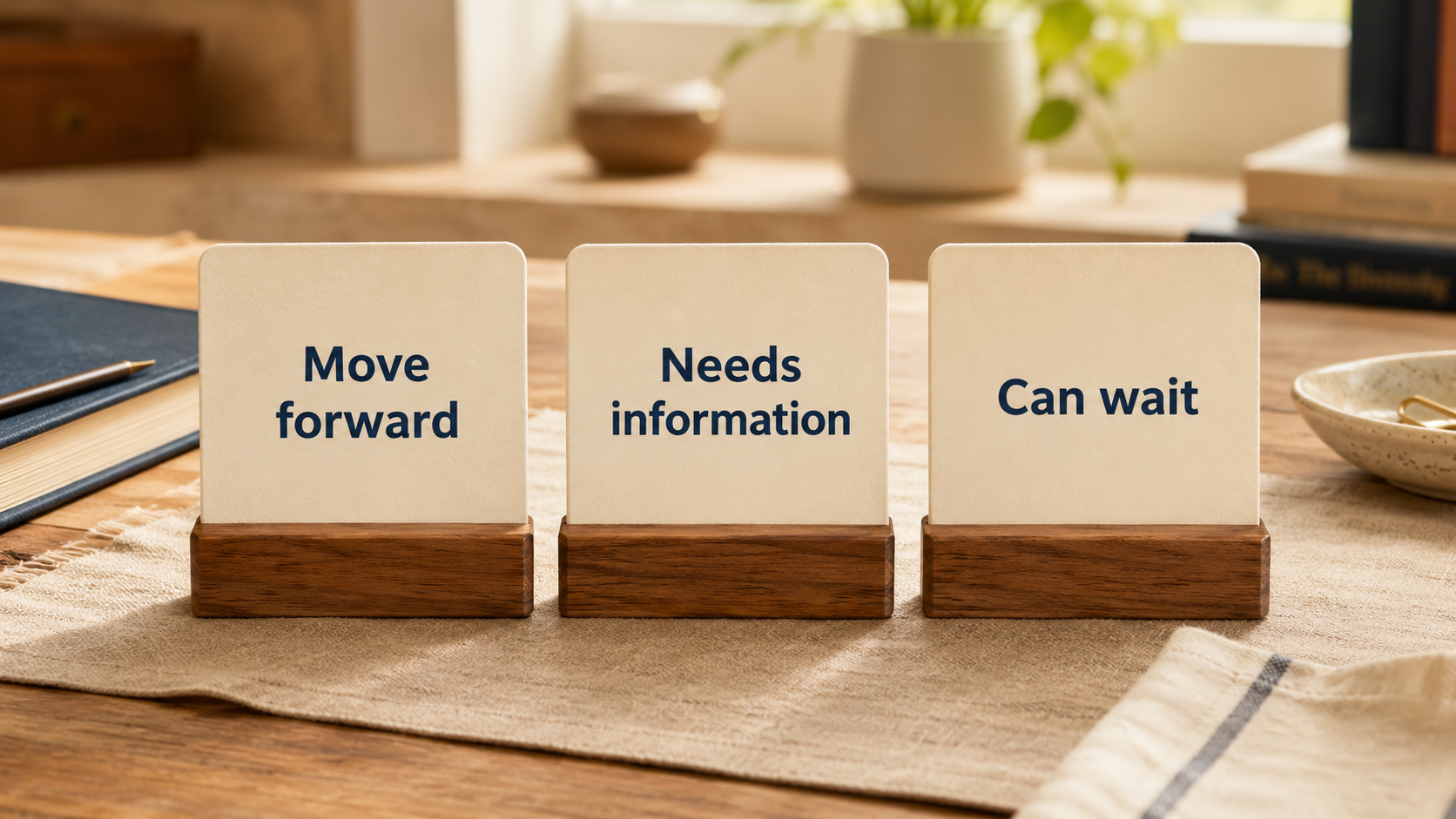 Three cards labeled Move forward, Needs information, and Can wait.