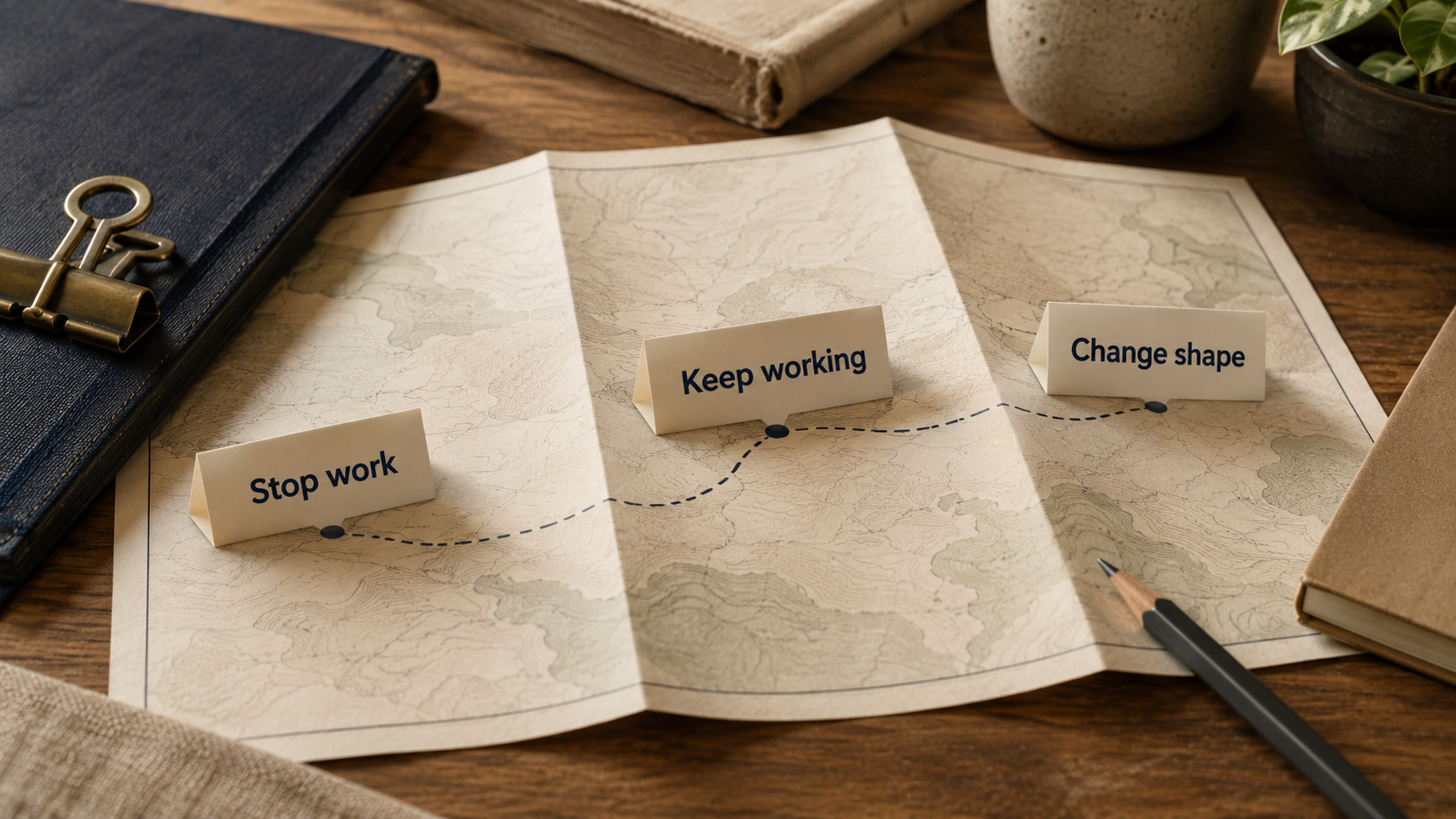 Map with three paths labeled Stop work, Keep working, and Change shape.