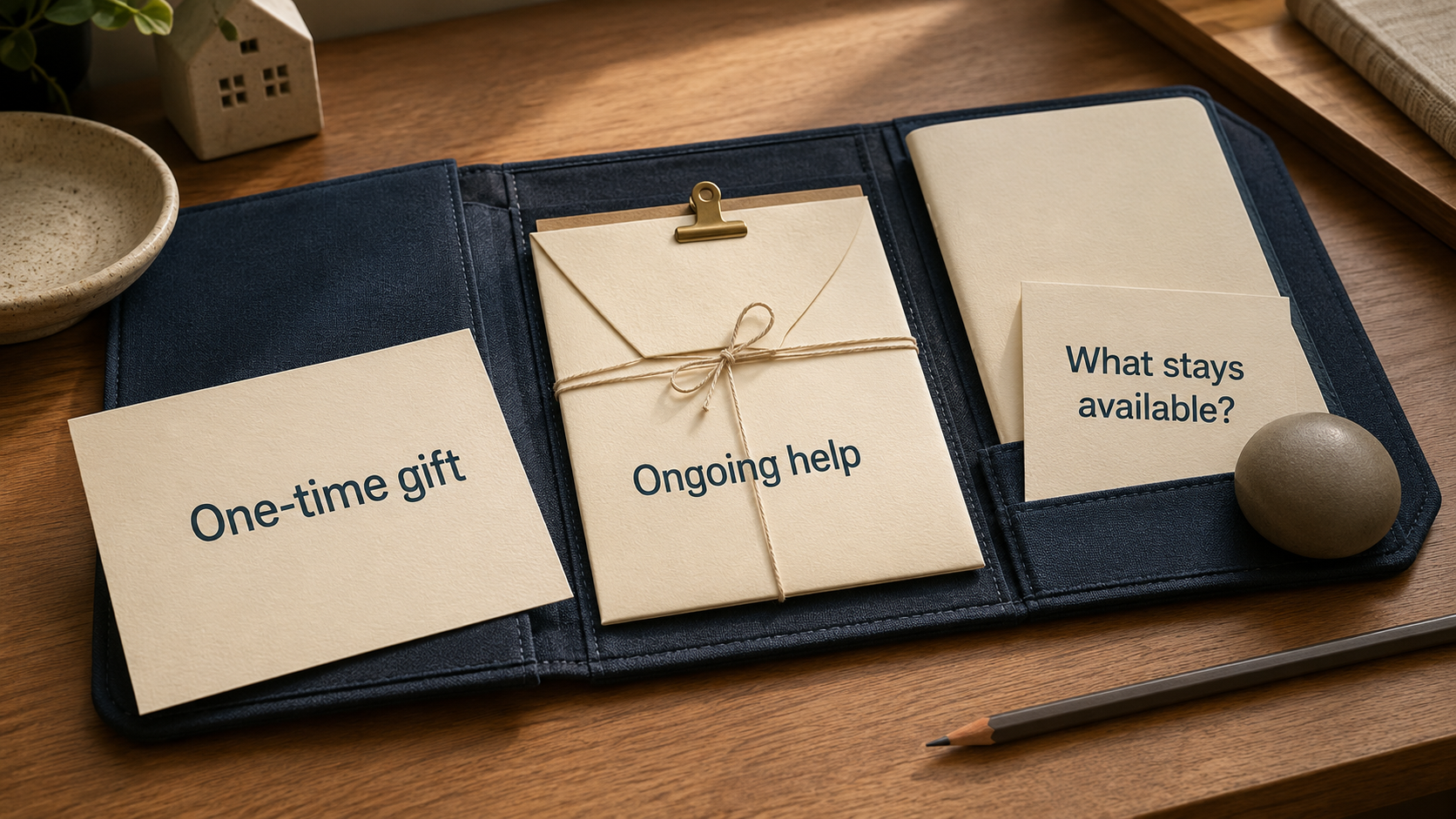 Folder and cards labeled One-time gift, Ongoing help, and What stays available.