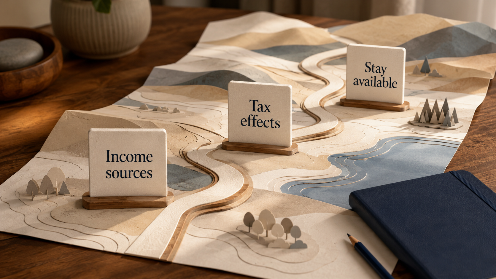 Dimensional path with markers labeled Income sources, Tax effects, and Stay available.