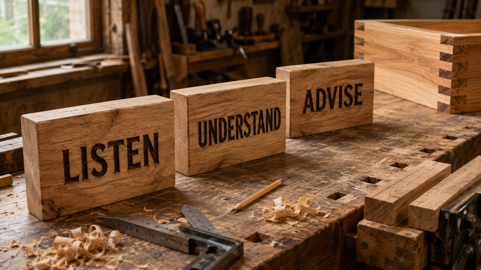 wooden blocks. Listen. Understand. Advise.