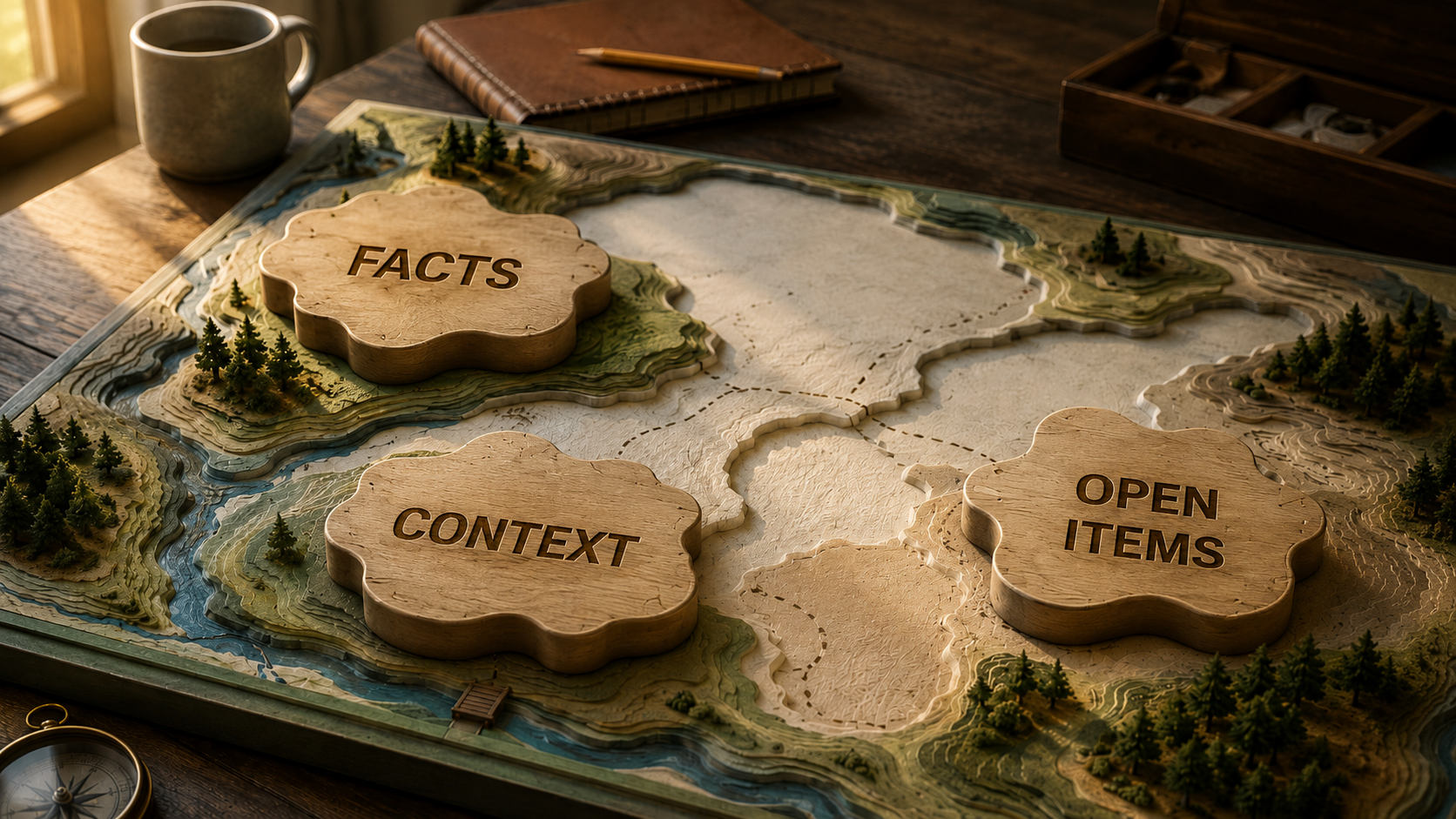 Map on table. Facts, context, and open items.