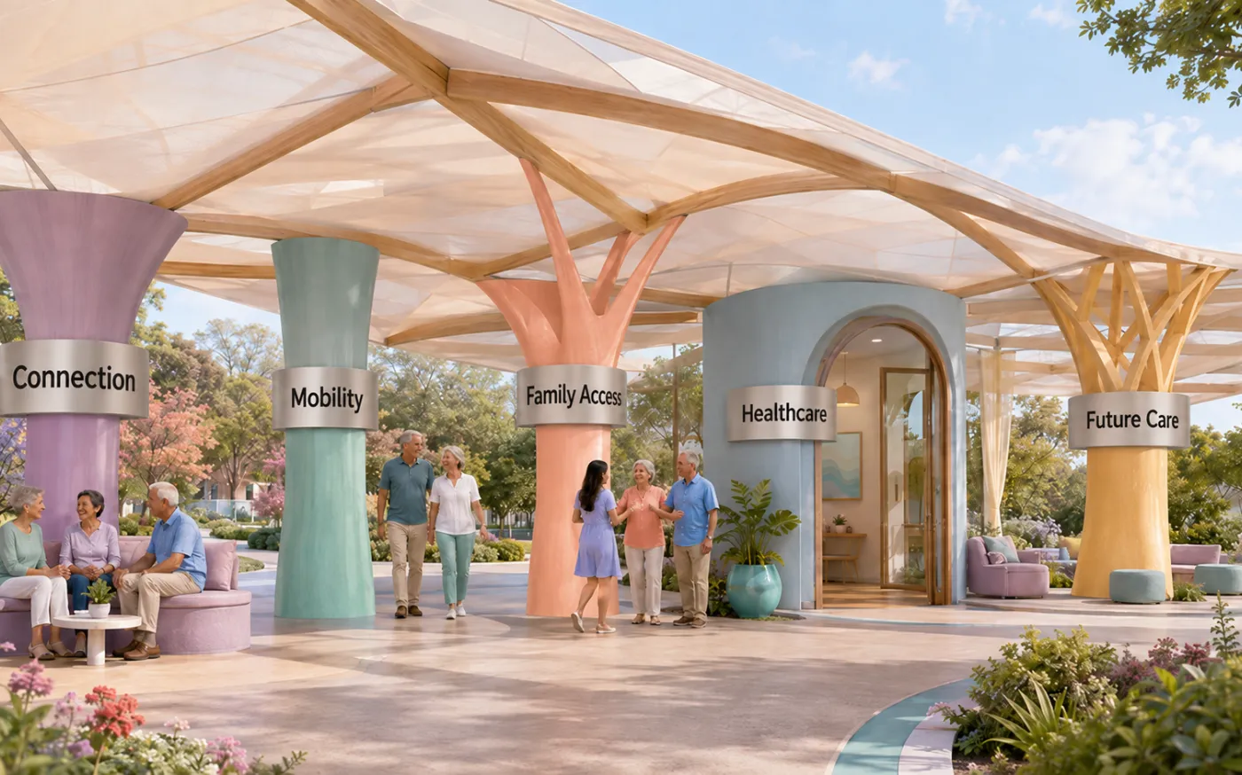 Five labeled supports hold one pavilion, representing connection, mobility, family access, healthcare, and possible future care.