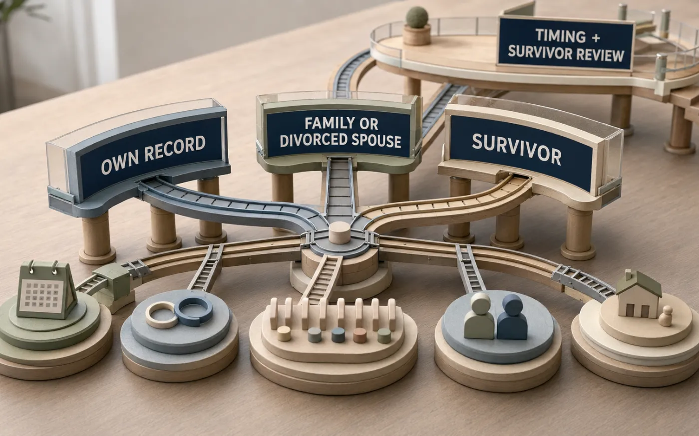 Household-status factors connect to three possible Social Security benefit branches before timing and survivor considerations are reviewed.