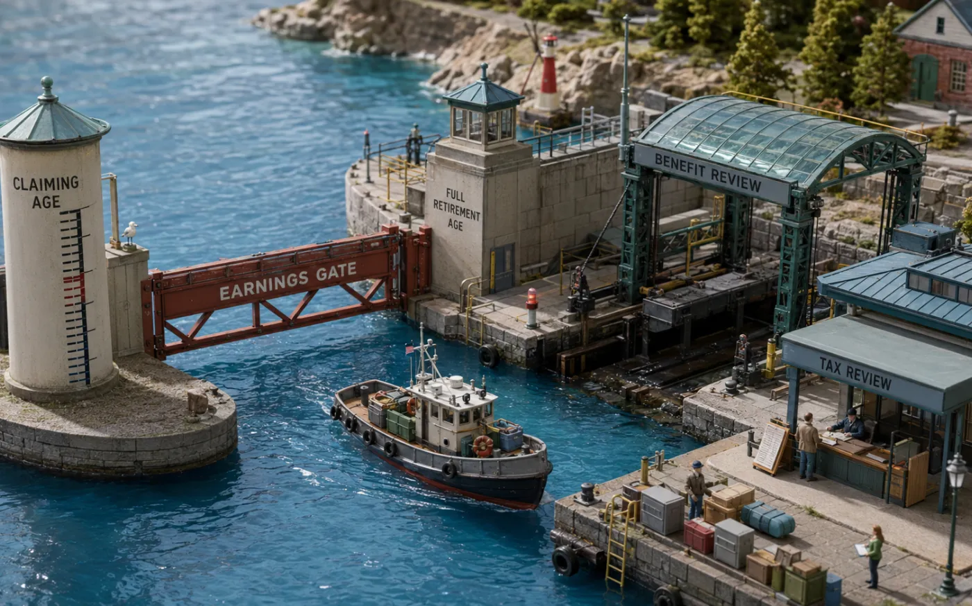 A working boat passes distinct harbor structures labeled Claiming Age, Earnings Gate, Full Retirement Age, Benefit Review, and Tax Review, showing that working while claiming Social Security activates separate but coordinated rules.