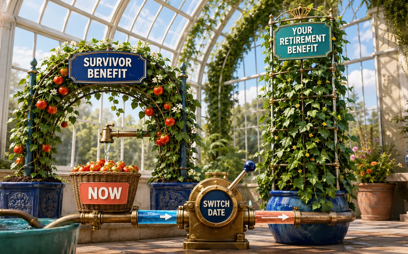 A greenhouse shows a survivor benefit producing income now while a separate retirement benefit continues growing toward a planned switch date.