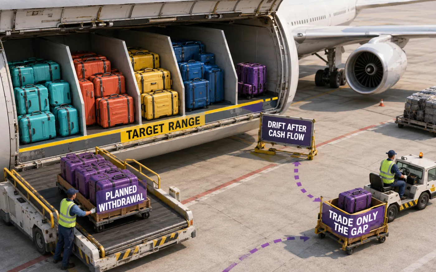 Airport crew removes luggage marked “Planned Withdrawal” before repositioning the smaller remaining load labeled “Trade Only the Gap” within the target range.