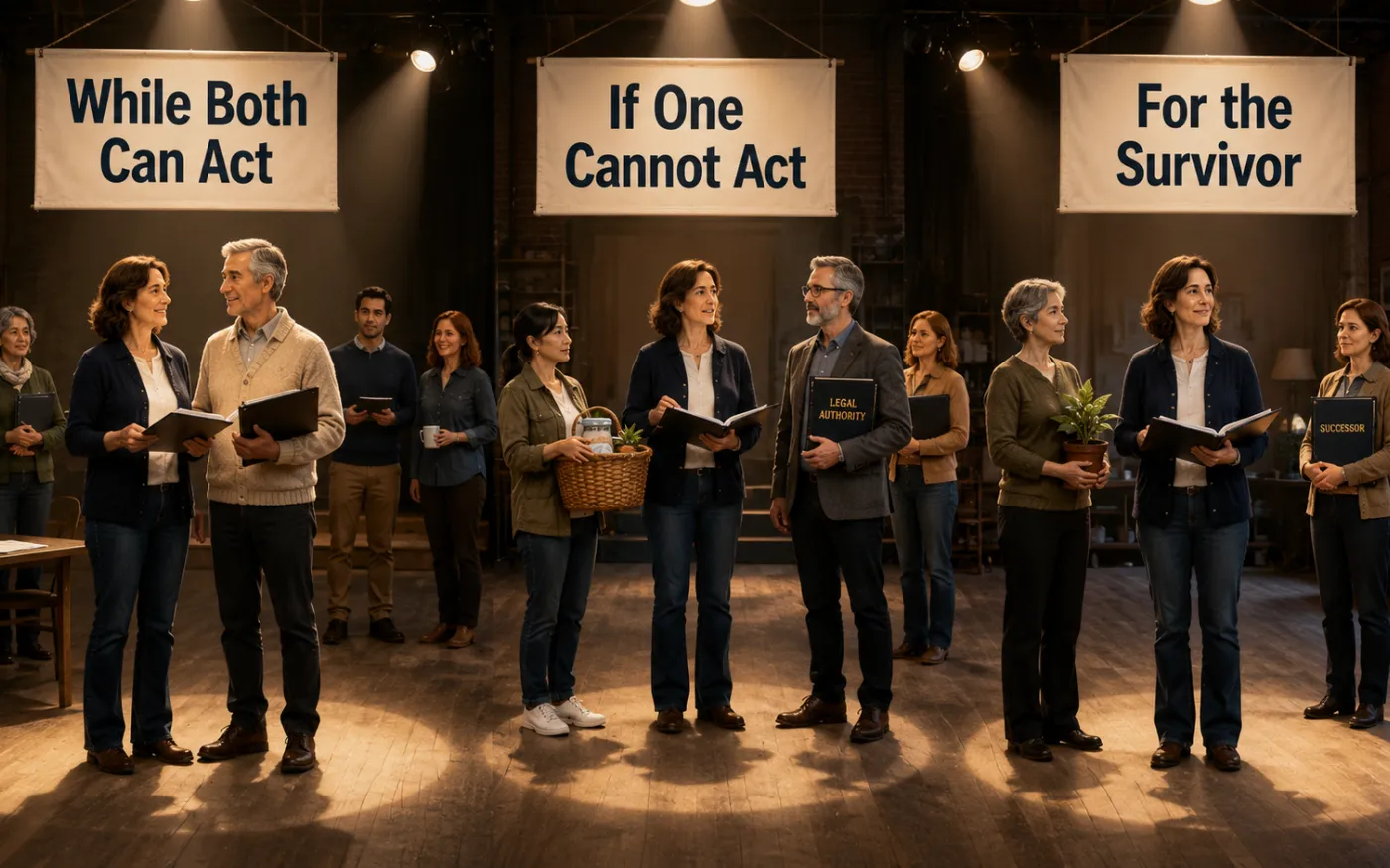 A couple and trusted supporters stand beneath three stage banners—“While Both Can Act,” “If One Cannot Act,” and “For the Survivor”—showing how practical help, formal authority, and successor roles continue as household circumstances change.