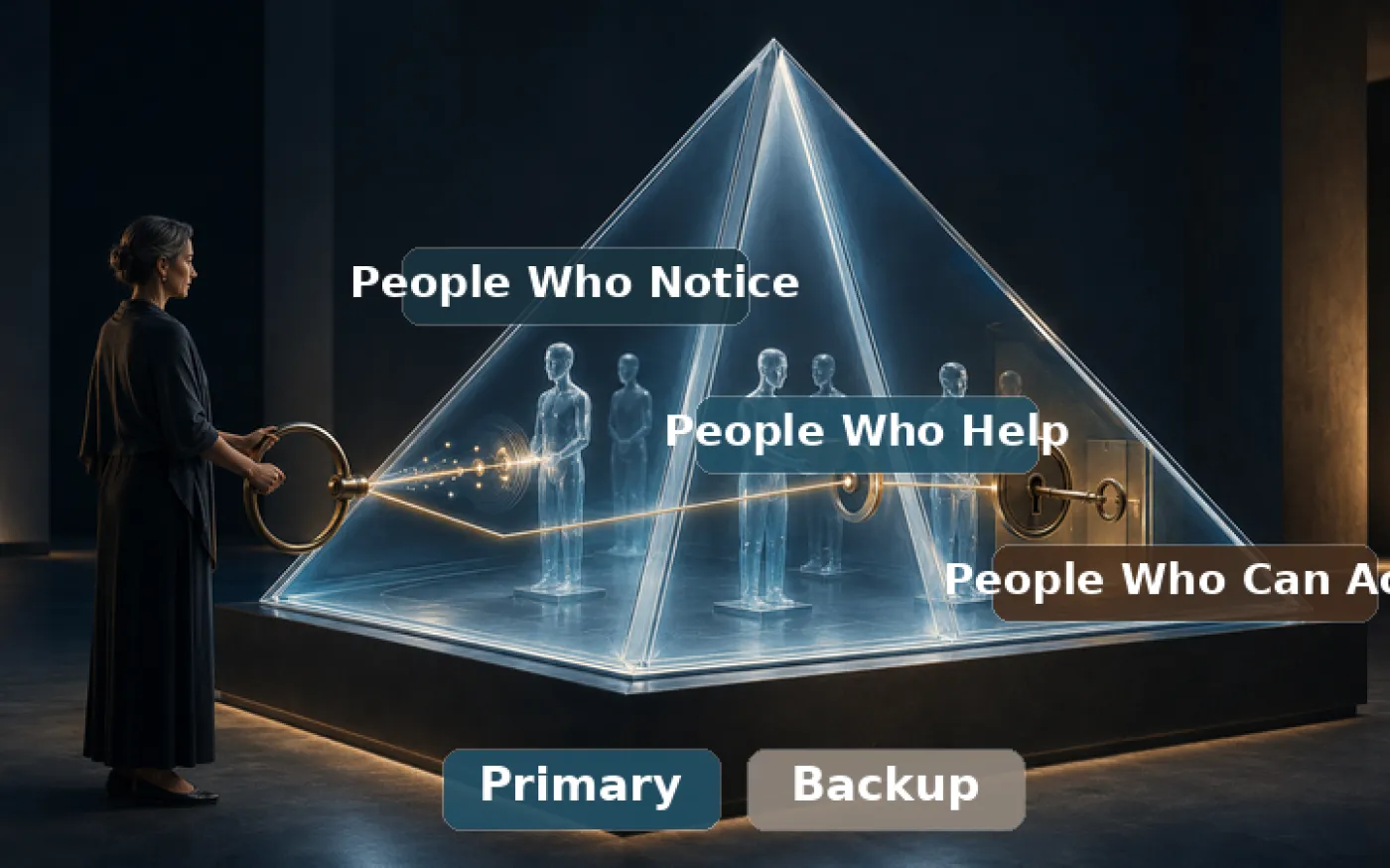 A woman directs three paired support roles inside a glass prism, distinguishing people who notice, people who help, and people who can act, with primary and backup coverage.