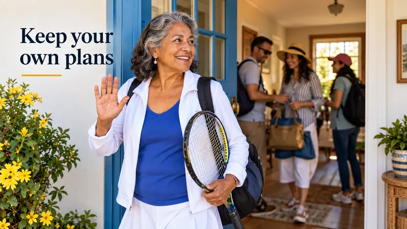 An older homeowner leaves for tennis while family guests prepare for their own outing. Text reads, “Keep your own plans.”
