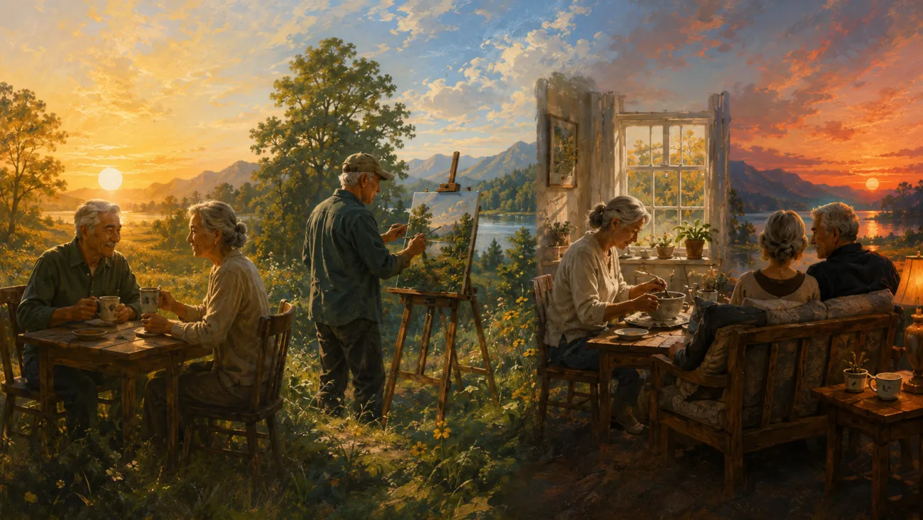 A light-brown-skinned Asian and Latino retired couple share parts of the day, pursue separate interests, and reconnect in the evening.