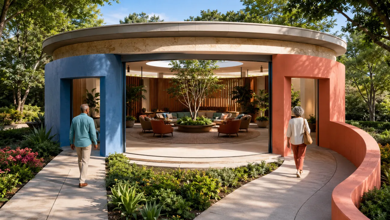 Two adults approach the same circular room through different, equally welcoming entrances, representing each partner’s access to one shared advisory process.