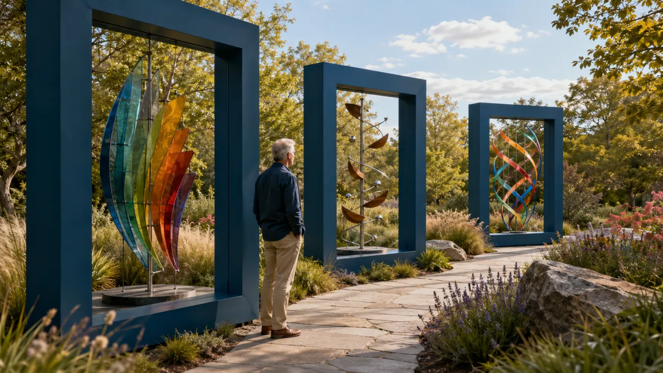 An older adult views three different colorful sculptures, each presented through an identical dark blue frame in a garden.