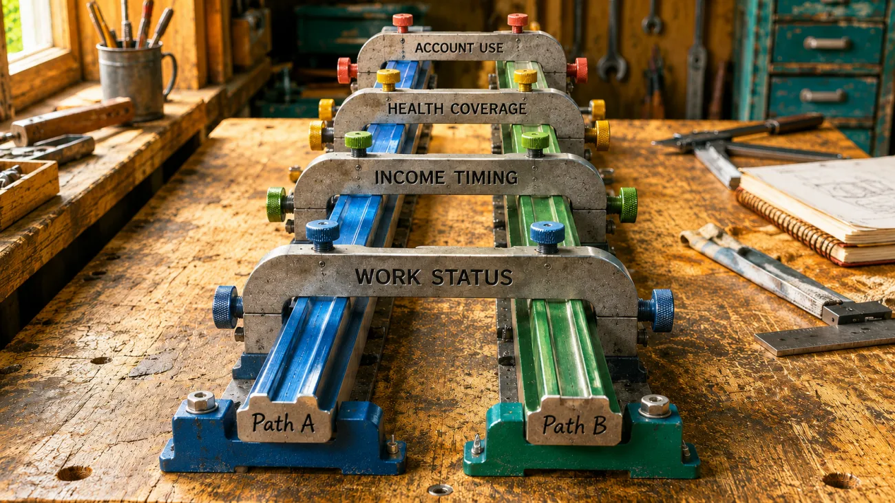 Two colorful parallel paths pass through the same comparison points: work status, income timing, health coverage, and account use.