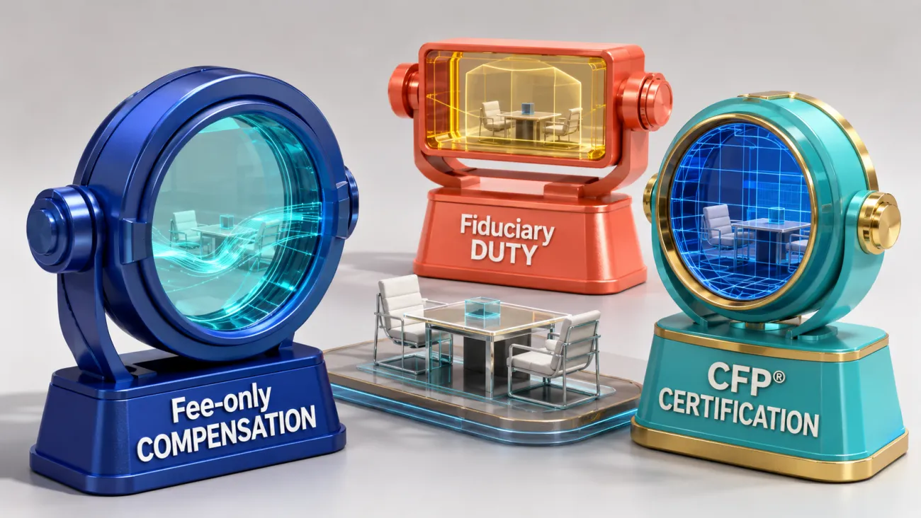Three bright dimensional lenses are labeled Fee-Only, Fiduciary, and CFP®. Each lens reveals a different part of an advisor relationship: compensation, duty, or certification.