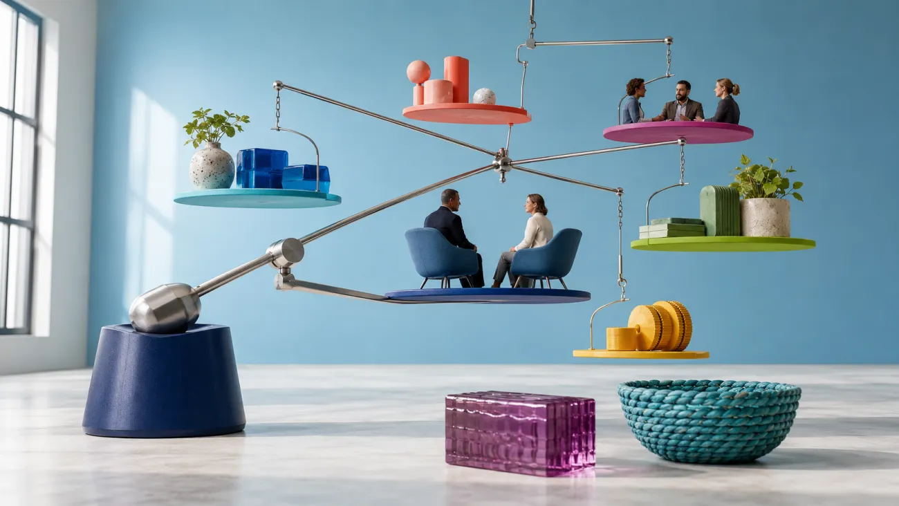 A counterweight supports an interconnected advisor relationship while separate objects represent services or costs outside the quoted fee.