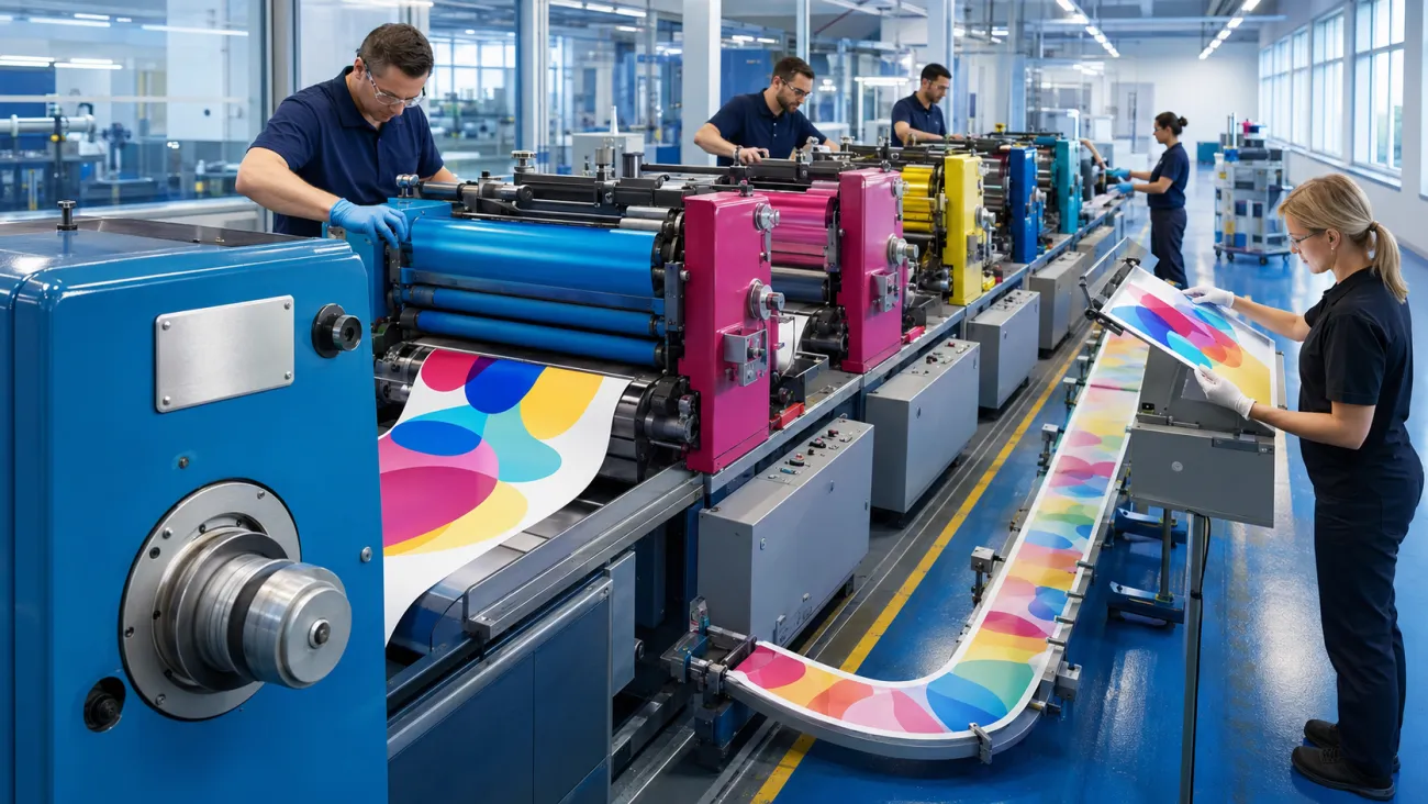 A colorful printing press combines several coordinated stages while specialists inspect and return the finished proof for review, illustrating how relevant experience becomes visible through the work performed.