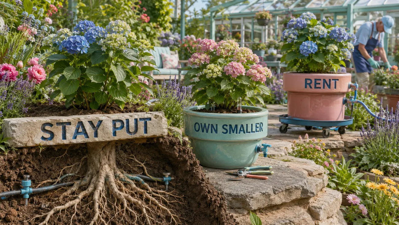 Three equally healthy plants labeled “Stay Put,” “Own Smaller,” and “Rent” use different root, planter, irrigation, and maintenance arrangements to represent housing tradeoffs.