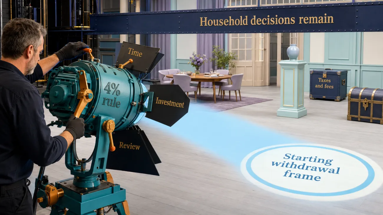 A spotlight labeled “4% rule” uses time, investment, inflation, and review controls to create a starting withdrawal frame, while household decisions remain outside the illuminated area.