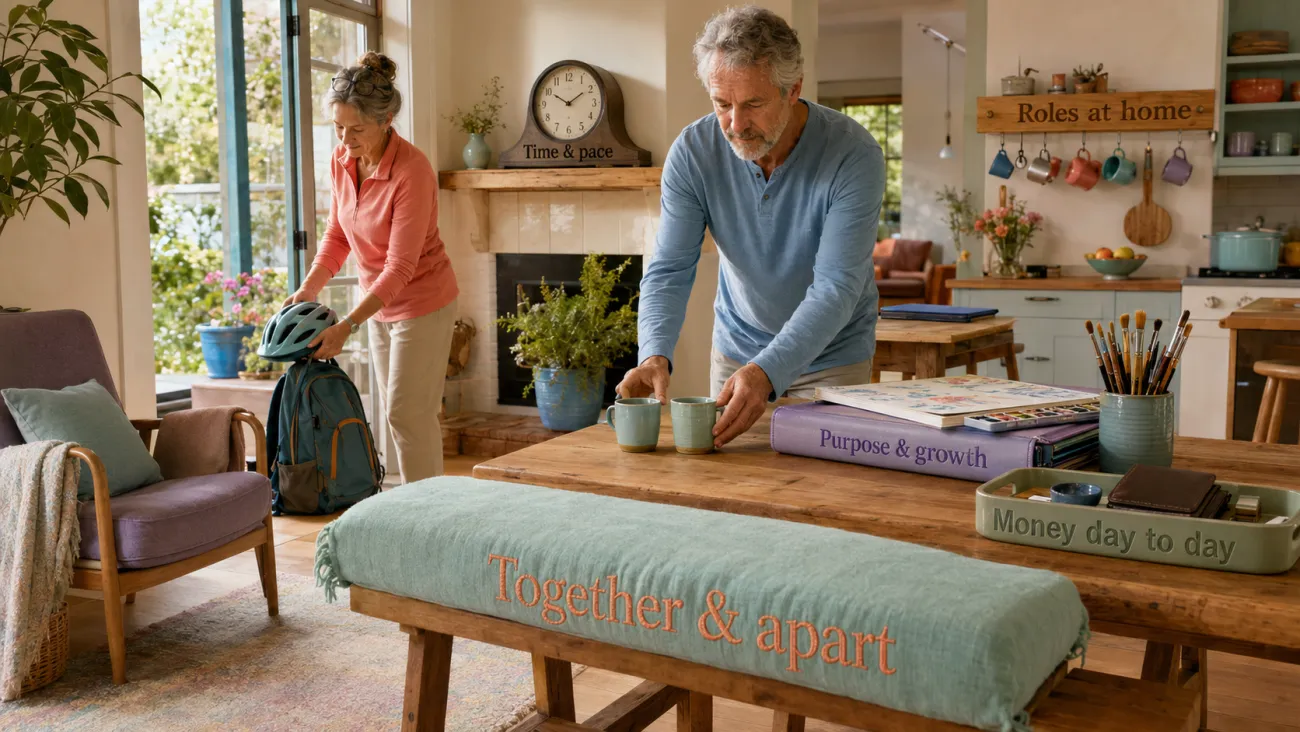 Two partners arrange one shared room around five labeled expectations, showing how different pictures of retirement can inform one shared decision.