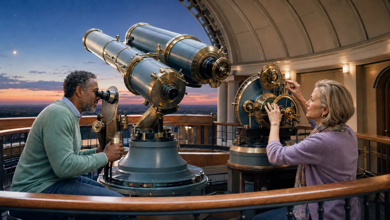 A couple uses different controls connected to one shared observatory telescope, showing that different financial roles can still provide both spouses meaningful access.