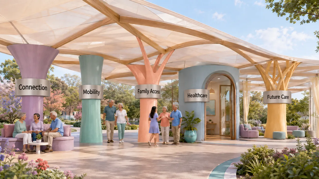 Five labeled supports hold one pavilion, representing connection, mobility, family access, healthcare, and possible future care.