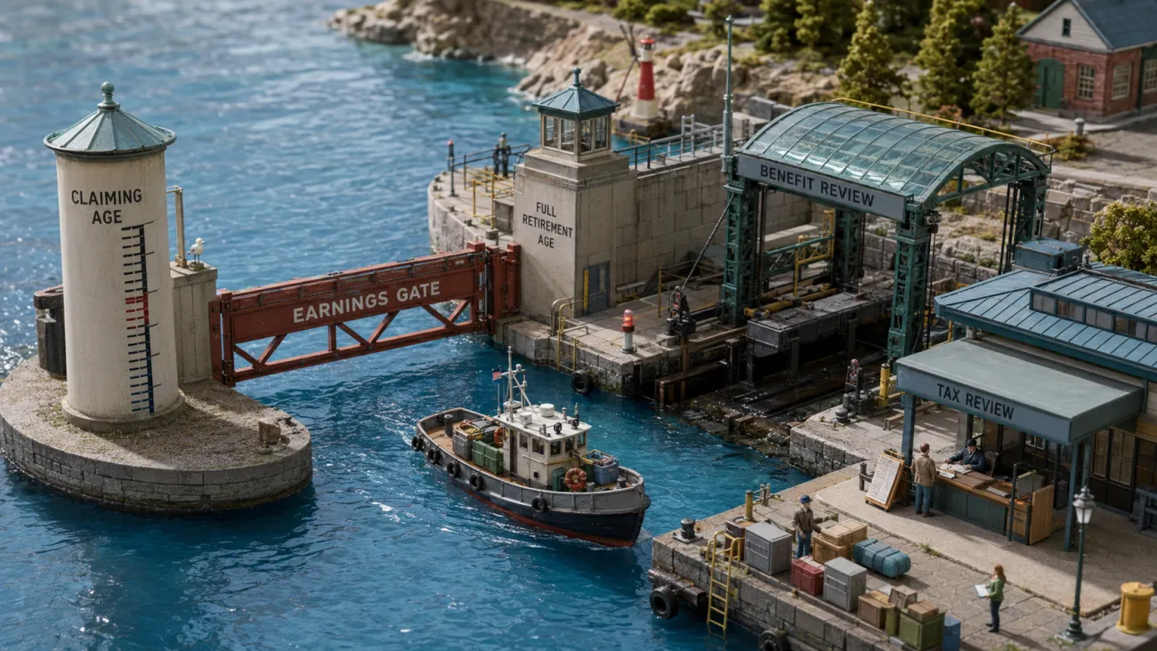 A working boat passes distinct harbor structures labeled Claiming Age, Earnings Gate, Full Retirement Age, Benefit Review, and Tax Review, showing that working while claiming Social Security activates separate but coordinated rules.