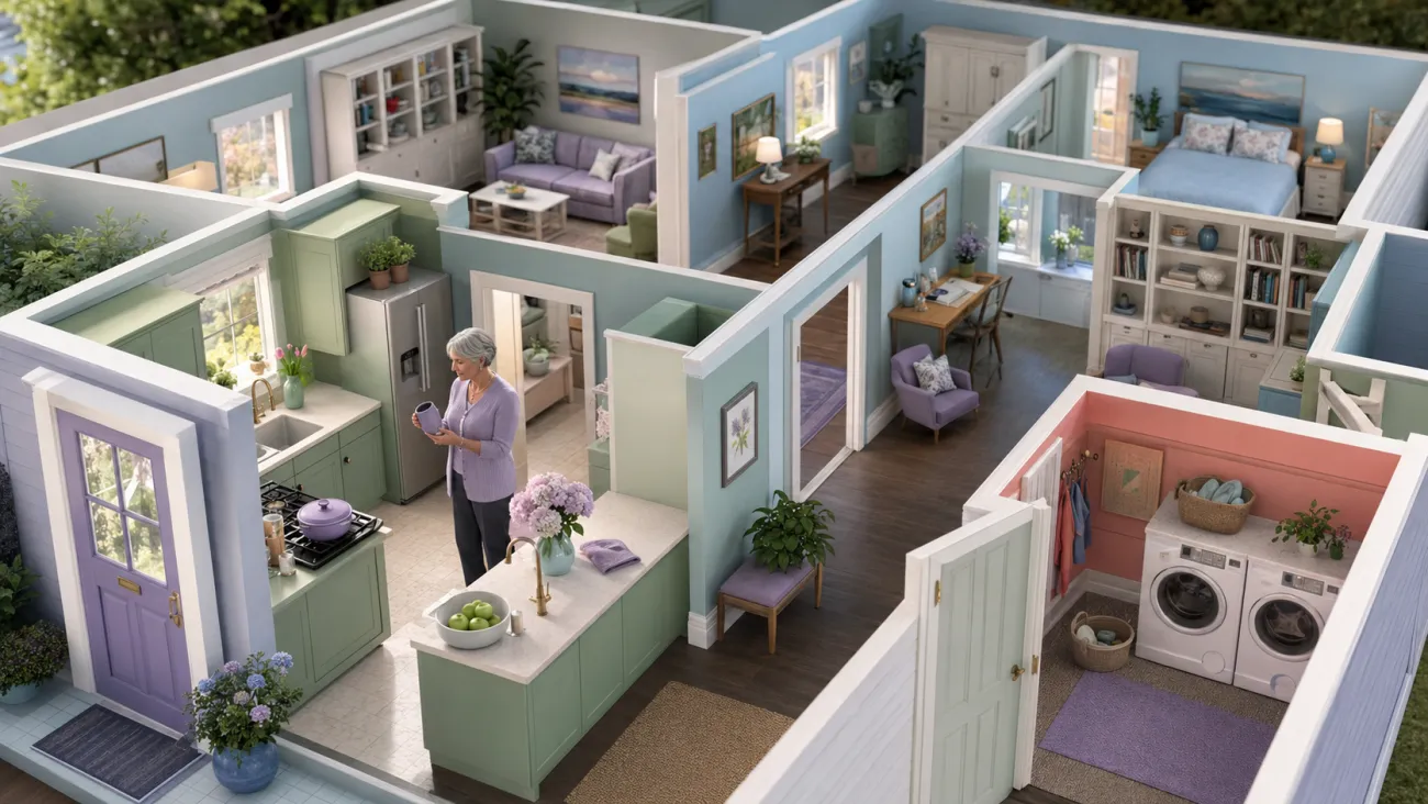 A surviving spouse maintains the active areas of her home while other intact rooms represent financial decisions that can wait.