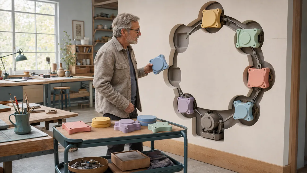 A homeowner considers moving a pastel module from a rolling cart into a recessed wall system, illustrating how paying off a mortgage removes a recurring payment while leaving fewer resources readily available.
