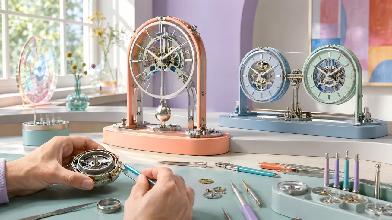 A clockmaker adjusts a pension’s underlying mechanism beside a single clock and two connected clocks, illustrating household control, income for one lifetime, and income designed to continue for a survivor.