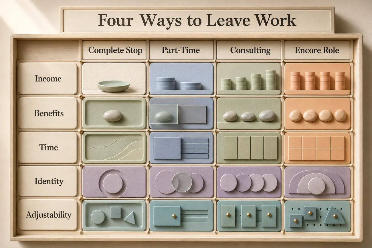 Dimensional comparison of a complete stop, part-time work, consulting, and an encore role across income, benefits, time, identity, and adjustability.