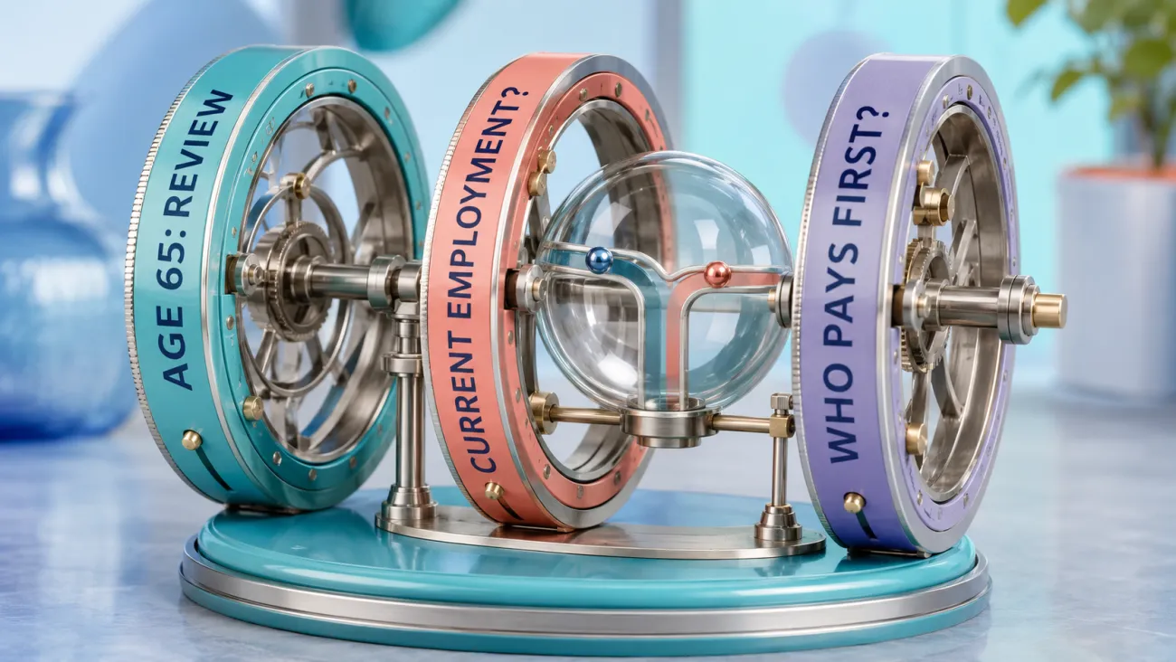 Three connected calibration rings labeled “Age 65: Review,” “Current Employment?” and “Who Pays First?” show the facts to confirm before choosing when Medicare begins.