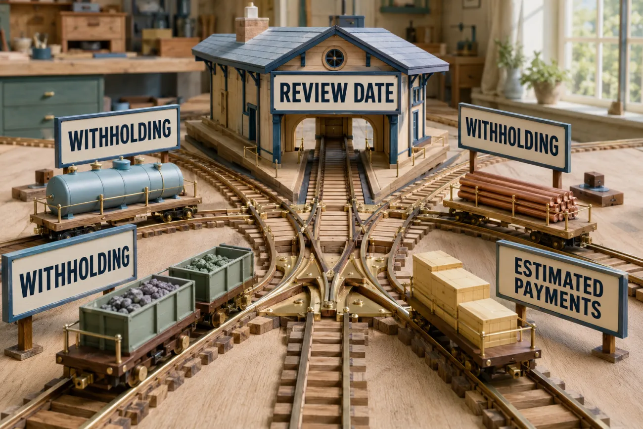 Four railway tracks labeled WITHHOLDING and ESTIMATED PAYMENTS converge at a station marked REVIEW DATE, illustrating a coordinated annual tax routine.