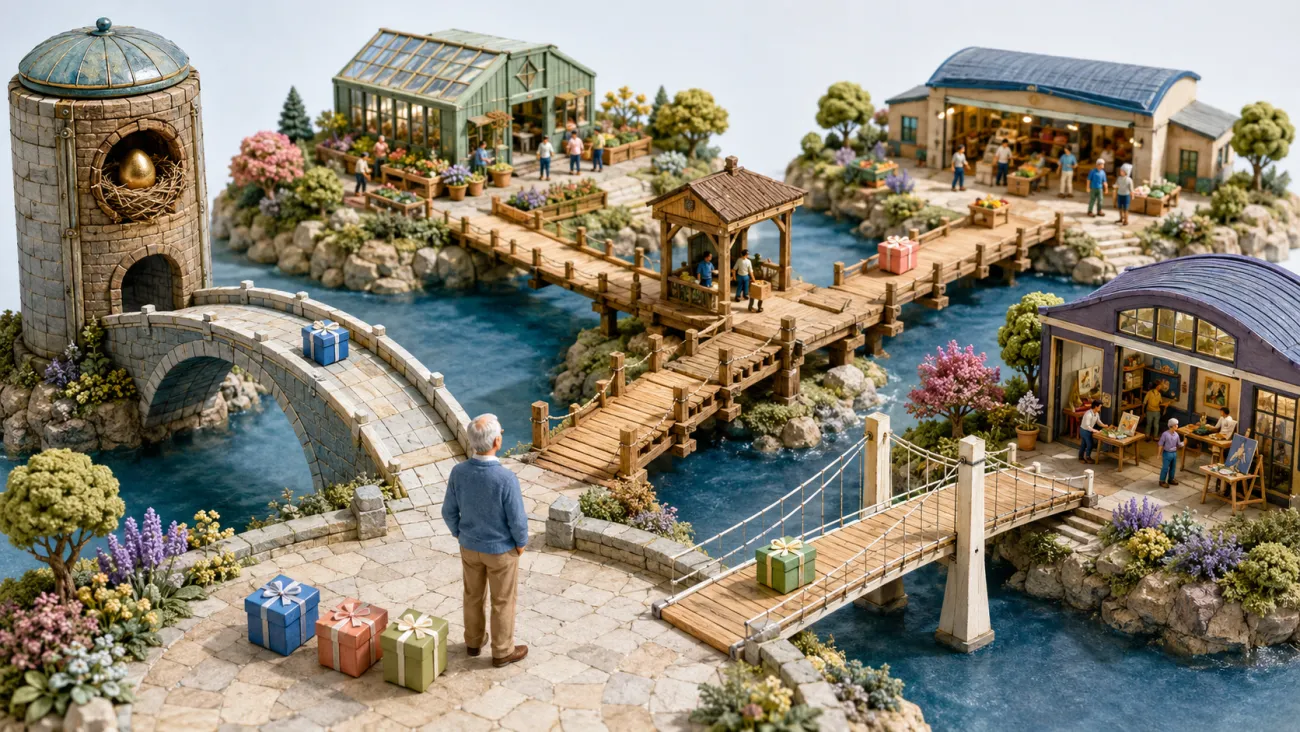 A retiree considers three distinct bridges carrying gifts to charitable destinations: one from a retirement-account tower, one through a sponsoring pavilion, and one directly.