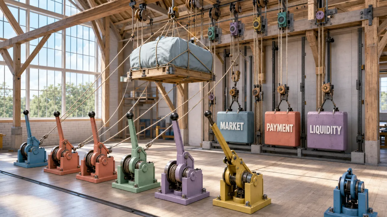Six route levers lift one large purchase while connected counterweights show the effects on market exposure, payments, taxes, and liquidity.