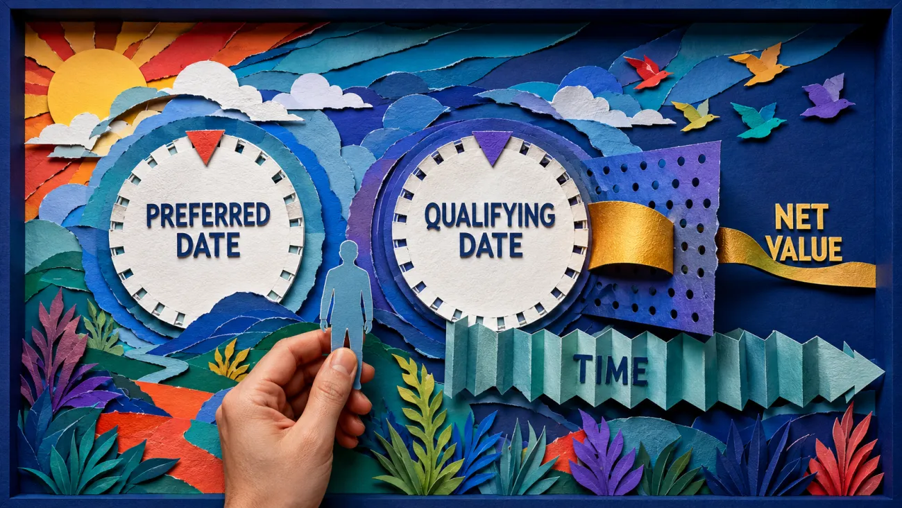 Layered paper artwork compares a preferred retirement date with a qualifying date, showing net value and additional work time while a hand keeps the choice open.