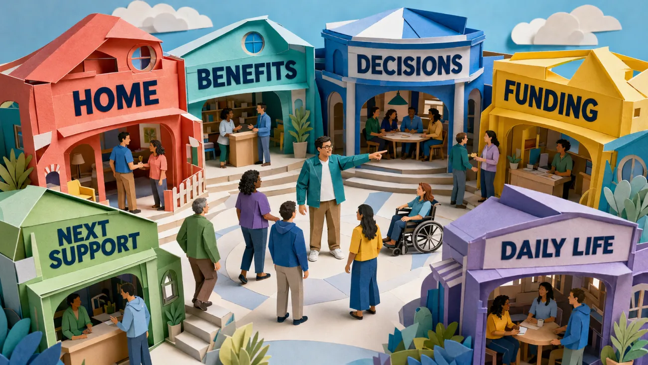 An adult directs activity in a connected plaza with buildings labeled Home, Benefits, Decisions, Funding, Next Support, and Daily Life.